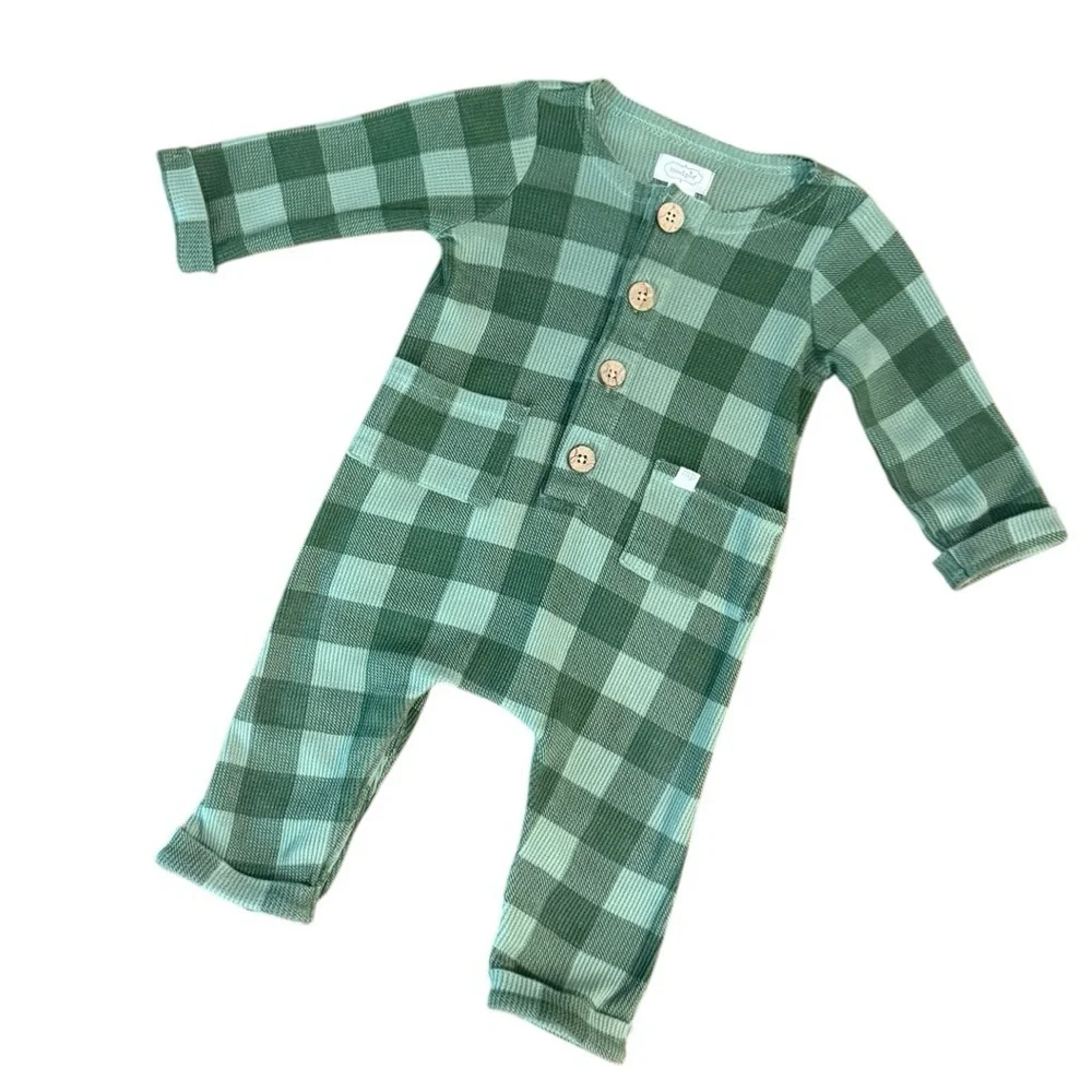 Baby Mud Pie Green Plaid Waffle Knit Bodysuit 6-9 Months
